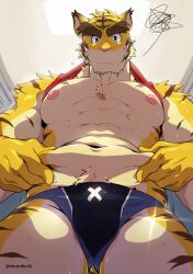  1boy abs absurdres animal_ears annoyed bara blue_eyes blue_male_swimwear changing_room commentary_request furry furry_male highres holding_own_stomach korean_commentary male_focus male_swimwear morenatsu my_only_num_(sharkuwhale) navel nipples pectorals scribble sweat tail tiger_boy tiger_ears tiger_stripes tiger_tail torahiko_oshima twitter_username very_sweaty wavy_mouth 