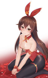 1girl 7t absurdres amber_(genshin_impact) black_pantyhose blush breasts brown_eyes brown_hair chinese_commentary cleavage closed_mouth commentary_request covered_navel crossed_bangs detached_collar genshin_impact hair_ribbon highres leotard long_hair looking_at_viewer medium_breasts pantyhose playboy_bunny rabbit_tail red_leotard red_ribbon ribbon sitting smile strapless strapless_leotard tail wariza wrist_cuffs rating:Sensitive score:70 user:danbooru