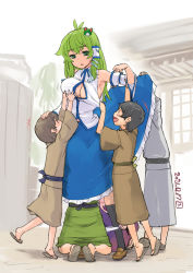  +++ 1girl 5boys antenna_hair bare_shoulders black_hair blue_skirt blush breasts cleavage clothes_lift dated detached_sleeves frog_hair_ornament green_eyes green_hair hair_between_eyes hair_ornament japanese_clothes kei_jiei kochiya_sanae large_breasts long_hair multiple_boys nontraditional_miko open_mouth panties panty_pull pulling_another&#039;s_clothes short_hair skirt skirt_lift snake_hair_ornament touhou underwear wide_sleeves  rating:Sensitive score:36 user:danbooru
