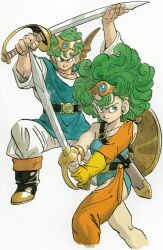  1boy 1girl ankle_boots aqua_leotard aqua_tunic arm_warmers belt black_belt black_footwear boots closed_mouth collarbone commentary cropped_legs curly_hair dagger diadem dragon_quest dragon_quest_iv earrings eyelashes fighting_stance fingernails fins frown glint gloves green_eyes green_hair grin hair_between_eyes head_fins hero_(dq4) heroine_(dq4) highres holding holding_dagger holding_knife holding_sword holding_weapon jewelry knife leotard long_sleeves medium_hair official_art orange_leg_warmers outstretched_arms pants raised_eyebrow scabbard sheath shield shirt short_hair sideways_glance simple_background single_arm_warmer single_bare_arm single_bare_leg single_bare_shoulder single_glove single_leg_warmer smile sword toriyama_akira tunic weapon white_background white_pants white_shirt yellow_gloves 