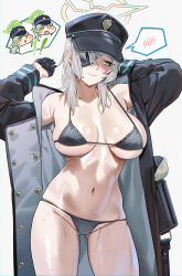  3girls absurdres armpit_crease bare_shoulders bikini black_bikini black_gloves black_hat black_jacket blue_archive blue_eyes blush breasts closed_mouth collarbone commentary_request eyepatch gloves gluteal_fold grey_background grey_hair groin half_gloves halo hat highres hikari_(blue_archive) jacket joacy large_breasts looking_to_the_side lowleg lowleg_bikini medium_hair micro_bikini multiple_girls navel nozomi_(blue_archive) open_clothes open_jacket peaked_cap simple_background smile spoken_blush standing stomach string_bikini suou_(blue_archive) swimsuit yellow_halo 