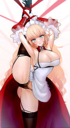  absurdres apron armpits azur_lane bare_shoulders bdsm blonde_hair blue_eyes bondage bound breasts cl_(summer_sama) cleavage curly_hair detached_sleeves frilled_sleeves frills gluteal_fold highres howe_(azur_lane) howe_(pastry_princess)_(azur_lane) lace large_breasts long_sleeves looking_at_viewer maid maid_apron maid_headdress necktie official_alternate_costume panties red_ribbon red_skirt ribbon serious simple_background skirt split standing standing_on_one_leg standing_split thighhighs underwear  rating:Sensitive score:40 user:danbooru