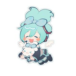  &gt;_&lt; 1girl angel_wings animal aqua_belt aqua_hair arin_(fanfan013) bare_shoulders belt black_footwear black_skirt black_sleeves blue_bow blush_stickers boots bow chibi cinnamiku cinnamoroll closed_eyes closed_mouth commentary cosplay detached_sleeves detached_wings dog double_bun grey_shirt hair_bow hair_bun hair_ornament happy hatsune_miku hatsune_miku_(cosplay) headpiece holding holding_animal holding_dog lace lace-trimmed_shirt lace_trim long_hair long_sleeves mini_wings miniskirt open_belt open_mouth outline pleated_skirt sanrio shirt simple_background skirt sleeveless sleeveless_shirt smile symbol-only_commentary thigh_boots updo vocaloid white_background white_outline white_wings wings 
