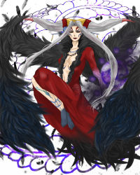 1990s_(style) ashima015 barefoot feet final_fantasy final_fantasy_viii grey_hair highres horns long_hair midriff ultimecia wings witch yellow_eyes 