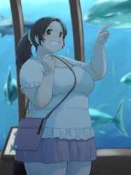  1girl aquarium bag between_breasts blue_background blurry blurry_background breasts brown_eyes brown_hair character_request cleavage clenched_hands clenched_teeth commentary_request copyright_request cowboy_shot fat fish handbag highres katou_(katohayabusa) large_breasts open_mouth plump pointing ponytail shirt short_sleeves skirt solo strap_between_breasts tareme teeth thick_arms thick_thighs thighs white_shirt 
