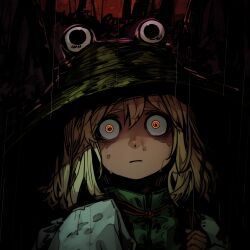  1girl :| @_@ absurdres blonde_hair closed_mouth commentary_request expressionless gensokyo glowing glowing_eyes green_vest hat highres horror_(theme) ill-ma long_hair long_sleeves looking_at_viewer moriya_suwako orange_eyes portrait rain red_background ribbon solo touhou vest wet 
