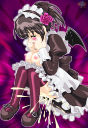  artist_request black_hair blush breasts breasts_out censored closed_eyes cum demon_girl flower maid monster_girl cum_overflow pita_ten pointless_censoring sex shia_(pita_ten) thighhighs wings  rating:Explicit score:3 user:atrack