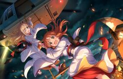 2girls abe_nana aircraft cloud game_cg green_eyes helicopter holding_hands idolmaster idolmaster_cinderella_girls idolmaster_cinderella_girls_starlight_stage japanese_clothes kimono multiple_girls official_art one_eye_closed open_mouth orange_eyes orange_hair sandals sato_shin tears 