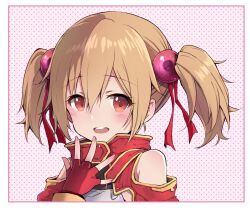  1girl bare_shoulders blush border brown_hair child clothing_cutout commentary dotted_background fingerless_gloves gloves hair_between_eyes looking_at_viewer nean open_mouth red_eyes red_gloves short_twintails shoulder_cutout silica solo sword_art_online teeth twintails upper_body upper_teeth_only white_border 
