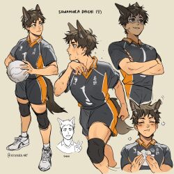  1girl anger_vein animal_ears ball baozi black_shorts brown_eyes commentary crossed_arms dog_ears dog_girl dog_tail english_commentary etceteraart food genderswap genderswap_(mtf) haikyuu!! highres holding holding_ball holding_food multiple_views sawamura_daichi shaded_face shoes short_hair shorts smile sneakers sportswear sweat tail v volleyball_(object) volleyball_uniform white_footwear 