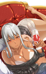  00s 1girl alcohol bare_shoulders breasts cleavage couch cup drinking_glass ebido highres large_breasts long_hair pov ribbed_sweater selvaria_bles senjou_no_valkyria_(series) silver_hair smile solo_focus sweater tan tanline thighs wine wine_glass  rating:Sensitive score:37 user:danbooru