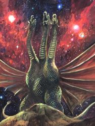 alien conjoined dragon epic g.n.a ghidorah,_the_three-headed_monster godzilla_(series) gold_skin hydra kaijuu king_ghidorah looking_up multiple_heads multiple_tails muscular muscular_male nebula no_humans pectorals planet roaring sky space space_monster star_(sky) starry_sky tail toho wings rating:Sensitive score:3 user:LivingCorpse