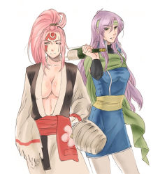  1990s_(style) 2girls alcohol amputee androgynous arc_system_works bad_id bad_pixiv_id baiken blush body_blush bottle breasts cape cleavage crossover detached_sleeves dress facial_mark faris_scherwiz female_focus final_fantasy final_fantasy_v floral_print forehead_mark frown gihachi green_eyes guilty_gear headband japanese_clothes jug_(bottle) kimono large_breasts long_hair long_sleeves multiple_girls no_bra one-eyed one_eye_closed open_clothes open_shirt pantyhose pink_eyes pink_hair ponytail purple_hair retro_artstyle sake sash scar scar_across_eye scar_on_face scarf shirt short_dress simple_background smile standing tattoo tomboy torn_clothes toutoumi turtleneck very_long_hair white_pantyhose wine wink 