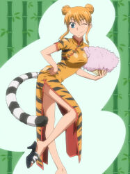  1girl animal_print bamboo blue_eyes blush breasts china_dress chinese_clothes dot_nose double_bun dress earclip fan female_focus hair_bun hand_fan hand_on_own_hip heels high_heels highres holding holding_fan hyakko kageyama_torako legs medium_breasts one_eye_closed orange_hair smile solo standing stitched tail third-party_edit tiger_print tiger_tail 