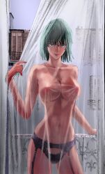 1girl breasts cleavage collarbone colorized curtains female_focus fubuki_(one-punch_man) garter_belt garter_straps highres large_breasts lingerie looking_at_viewer murata_yuusuke navel nipples one-punch_man panties short_hair smile solo standing telyensi thighs third-party_edit topless underwear underwear_only watermark wide_hips rating:Explicit score:151 user:thedude321
