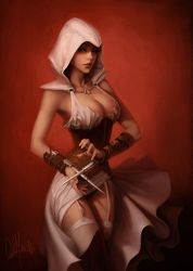    assassin assassin&#039;s_creed breasts cleavage concealed_weapon hood weapon will_murai  rating:Questionable score:66 user:danbooru