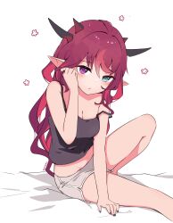  1girl absurdres blue_eyes blush breasts cleavage commentary english_commentary heterochromia highres hololive hololive_english horns irys_(hololive) long_hair looking_at_viewer multicolored_hair namiorii off_shoulder pointy_ears purple_eyes red_hair shorts solo streaked_hair tank_top virtual_youtuber white_background 