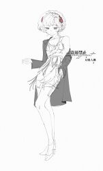  1girl closed_mouth coat collarbone curly_hair feather_dress feather_hair_ornament feathers flapper_girl full_body hair_ornament high_heels highres jewelry lineart non-web_source short_hair  rating:Sensitive score:3 user:danbooru