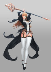 1girl absurdres aqua_eyes arms_up black_footwear blonde_hair bodysuit bow breasts buckle cherrylich covered_navel cross cross_necklace daeho_cha fantasy full_body garter_straps grey_background habit head_tilt highres holding holding_staff holding_weapon image_sample jewelry juliet_sleeves lace lace-trimmed_legwear lace_trim leotard lips lipstick long_sleeves looking_at_viewer makeup medium_breasts necklace nun original parted_lips platform_footwear puffy_sleeves realistic shoes simple_background solo staff thighhighs thighs turtleneck waist_cape weapon white_thighhighs rating:Sensitive score:53 user:danbooru