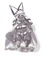  1girl absurdres belt belt_bra bottle breasts cape clitoris commission dark-skinned_female dark_skin female_pubic_hair full_body ghgnvm greyscale guilty_gear guilty_gear_xrd hat highres long_hair looking_down monochrome pee peeing pubic_hair pussy ramlethal_valentine sandals small_breasts solo squatting thigh_strap toes uncensored underboob urinal_bottle white_background 