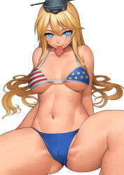 10s 1girl alternate_costume american_flag_bikini american_flag_print bare_arms bare_shoulders bikini blonde_hair blue_eyes breasts collarbone condom condom_wrapper flag_print grey_hat hat highres iowa_(kancolle) kantai_collection lasterk long_hair looking_at_viewer medium_breasts mouth_hold navel print_bikini simple_background sitting solo spread_legs star-shaped_pupils star_(symbol) star_print stomach striped swimsuit symbol-shaped_pupils thighs underboob very_long_hair white_background rating:Questionable score:49 user:danbooru