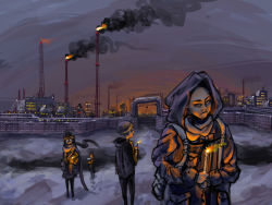  1girl 3boys backpack bag building candle coat cold dark dusk evening expressionless factory fence fire hat highres hood industrial light looking_at_viewer multiple_boys original outdoors industrial_pipe plant scarf short_hair sketch smoke snow standing sunset tower winter  rating:Sensitive score:5 user:Kultov
