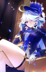  1girl absurdres ascot asymmetrical_gloves blue_ascot blue_brooch blue_gemstone blue_hair blue_hat blue_jacket breasts confetti cowboy_shot cowlick crossed_legs drop-shaped_pupils furina_(genshin_impact) gem genshin_impact gloves hair_over_one_eye hand_up hat head_on_hand heterochromia highres jacket jira_(0116) kodona light_blue_hair light_particles lolita_fashion looking_at_viewer medium_breasts mismatched_gloves mismatched_pupils multicolored_hair on_chair short_shorts shorts sitting smile solo streaked_hair symbol-shaped_pupils thigh_strap thighs top_hat white_gloves white_hair white_shorts 