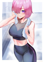 1girl absurdres alternate_costume bare_arms bare_shoulders black_pants blush border breasts commentary cowboy_shot crop_top fate/grand_order fate_(series) grin hair_over_one_eye highres large_breasts looking_at_viewer mash_kyrielight midriff outside_border pants parted_lips pink_hair purple_eyes rororo short_hair signature sleeveless smile solo steaming_body sweat towel towel_around_neck white_border wiping_sweat yoga_pants rating:Sensitive score:69 user:danbooru