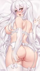 1girl artist_name ass bed_sheet blush bottomless bra breasts bridal_gauntlets brown_eyes commentary cupless_bra dakimakura_(medium) elbow_gloves english_commentary frilled_bra frilled_garter_belt frilled_panties frills garter_belt gloves heart heart-shaped_pupils highres iwbitu large_breasts lingerie long_hair looking_at_viewer lying nyopu on_stomach original panties pussy smile solo symbol-shaped_pupils thighhighs underwear underwear_only white_bra white_garter_belt white_gloves white_hair white_thighhighs rating:Explicit score:136 user:danbooru