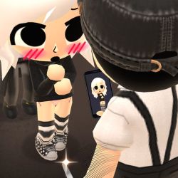  1girl 2boys 3d baseball_cap black_eyes black_hair blush cellphone chibi collared_shirt embarrassed from_above from_behind furrowed_brow hat hood hoodie imminent_rape indoors jpeg_artifacts knife mii_(nintendo) miitomo multiple_boys nintendo no_pants open_mouth panties phone pink_panties shirt shoes simple_background striped_clothes striped_thighhighs suspenders thighhighs underwear white_hair  rating:Questionable score:11 user:nausycka