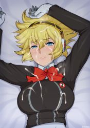 1girl aegis_(persona) afrobull aqua_eyes arms_up blonde_hair blue_eyes bow bowtie breasts cum cum_on_body cum_on_breasts cum_on_upper_body facial gloves hair_ornament highres large_breasts lips looking_at_viewer lying on_back persona persona_3 red_bow red_bowtie short_hair solo sweat rating:Explicit score:288 user:TDogarooski