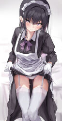 1girl absurdres apron black_dress black_hair blush clothes_lift dress dress_lift feet_out_of_frame garter_straps gloves highres lifted_by_self long_sleeves looking_at_viewer maid maid_headdress mole mole_under_eye neck_ribbon original panties ribbon skirt_hold solo sweatdrop thighhighs toshizou_(0714) underwear white_apron white_gloves white_panties white_thighhighs rating:Sensitive score:22 user:danbooru