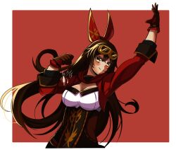  1girl amber_(genshin_impact) biceps breasts brown_hair cleavage flexing genshin_impact gloves goggles goggles_on_head highres medium_breasts muscular muscular_female red_hood red_ribbon ribbon torn_clothes torn_sleeves yukiart_83  rating:General score:3 user:ToukaxKaneki
