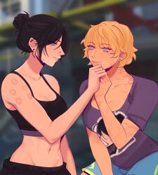  2girls animification apex_legends black_hair black_pants black_sports_bra blonde_hair blue_eyes blue_shorts blurry blurry_background blush breasts broken_moon_(apex_legends) cleavage collarbone commentary english_commentary hair_bun highres holding_hands looking_at_another medium_breasts midriff multiple_girls navel nose_piercing pants parted_lips piercing purple_shirt ro_(_dorkcoffee) shirt short_hair shorts single_hair_bun smile sports_bra sweat wattson_(apex_legends) wraith_(apex_legends) yuri 