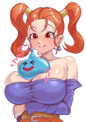  1girl 1other absurdres breasts cleavage dragon_quest dragon_quest_viii earrings highres jessica_albert jewelry monster nelnel76121122 red_eyes red_hair simple_background slime_(dragon_quest) white_background 