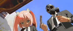  1boy 1girl belt black_belt black_jacket black_necktie black_pants black_suit blue_eyes blue_sky car_trunk collared_shirt commentary covered_face english_commentary facing_down facing_viewer formal from_below gas_mask gun hair_ornament handgun highres holding holding_gun holding_weapon jacket kok_kok_kio long_sleeves looking_down m1911 mask necktie open_clothes open_jacket open_mouth original outdoors pants photo-referenced pink_hair pinky_ring pulp_fiction rabbit_hair_ornament shirt sky suit twintails watch weapon white_shirt wristwatch 