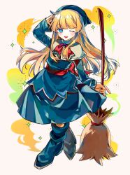 1girl :d absurdres blonde_hair blue_dress blue_eyes blue_footwear blue_hat blunt_bangs boots broom capelet dress full_body hat highres long_hair long_sleeves madou_monogatari merumerumerume neck_ribbon one_eye_closed open_mouth puyopuyo red_ribbon red_sash ribbon sash smile solo standing very_long_hair white_capelet witch_(puyopuyo) wizard_hat