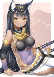 1girl 47agdragon animal_ears bare_shoulders black_hair breasts brown_eyes commentary_request dark-skinned_female dark_skin detached_sleeves egyptian egyptian_clothes groin hair_ornament highres impossible_clothes katana large_breasts long_hair long_sleeves original pants scabbard sheath sheathed sleeves_past_wrists solo sword usekh_collar very_long_hair weapon white_pants rating:Sensitive score:13 user:danbooru