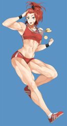  1girl abs armpits artist_request bandaid blue_background blue_eyes breasts captain_mizuki curly_hair full_body medal medium_breasts muscular muscular_female navel one-punch_man open_mouth red_hair shoes smile sneakers sportswear teeth upper_teeth_only 