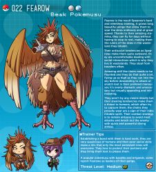 1boy 1girl armor artist_name bird_legs black_eyes breasts broken broken_chain brown_feathers brown_hair chain character_profile creatures_(company) english_text fearow feathers furry game_freak gen_1_pokemon harpy highres kinkymation large_breasts long_hair monster_girl nintendo pauldrons personification pokemon purple_hair short_shorts shorts shoulder_armor single_pauldron spiked_armor talons undercut winged_arms wings rating:Sensitive score:45 user:danbooru