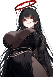  1girl ahoge black_dress black_hair blue_archive bodystocking breasts breasts_apart dress gem halo kguy1920 large_breasts licking licking_lips long_hair pearl_(gemstone) red_eyes solo tongue tongue_out tsurugi_(blue_archive)  rating:Sensitive score:13 user:Dikeido10