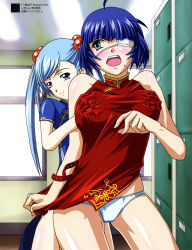  00s 2girls absurdres age_difference ahoge blue_eyes blue_hair blush breasts china_dress chinese_clothes clothes_lift covered_erect_nipples dress dress_lift dress_tug eyepatch grabbing grabbing_another&#039;s_breast groping hair_bobbles hair_ornament hand_under_clothes highres ikkitousen ikkitousen_dragon_destiny ikkitousen_eloquent_fist ikkitousen_great_guardians large_breasts locker locker_room loli mole multiple_girls onee-loli open_mouth panties ryomou_shimei shokatsuryou_koumei short_hair smile surprised twintails underwear white_panties yuri 