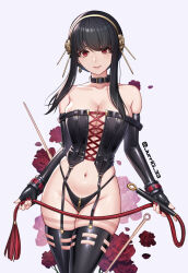 1girl bare_shoulders black_collar black_corset black_garter_straps black_hair black_panties bondage_outfit breasts cleavage collar commentary commission corset dominatrix elbow_gloves english_commentary female_focus fingerless_gloves garter_straps gloves hairband highleg highleg_panties holding holding_whip jurrig large_breasts looking_at_viewer navel panties parted_lips red_eyes sidelocks skindentation solo spy_x_family stomach thighhighs thighs twitter_username underwear whip yor_briar zipper rating:Sensitive score:74 user:danbooru