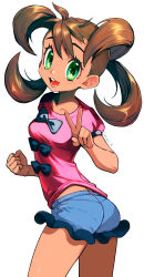 1girl :d absurdres black_bow blue_shorts bow breasts brown_hair clenched_hand commentary_request cowboy_shot creatures_(company) eudetenis eyelashes game_freak green_eyes highres nintendo open_mouth pink_shirt pokemon pokemon_xy quad_tails shauna_(pokemon) shirt short_shorts short_sleeves shorts small_breasts smile solo teeth v white_background 