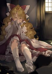  1girl blonde_hair blurry blurry_foreground blush bow commentary_request cosplay covering_own_mouth day eyebrows_hidden_by_hair feet frilled_bow frilled_hair_tubes frills hair_between_eyes hair_bow hair_tubes hakurei_reimu hakurei_reimu_(cosplay) hand_up highres indoors kirisame_marisa kneehighs long_hair looking_down meji_aniki petticoat red_bow red_skirt red_vest ribbon-trimmed_sleeves ribbon_trim sidelocks skirt socks solo touhou very_long_hair vest wavy_hair white_socks wide_sleeves window yellow_eyes  rating:Sensitive score:22 user:danbooru