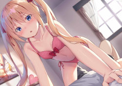  1girl alexmaster all_fours bare_arms bare_shoulders black_shorts blonde_hair blue_eyes blush bow bow_bra bra breasts collarbone commentary_request curtains day dutch_angle girl_on_top grey_shirt hair_between_eyes indoors long_hair lying navel on_back original panties pink_bra pink_panties shirt short_shorts shorts side-tie_panties small_breasts solo_focus sunlight transparent twintails underwear underwear_only very_long_hair window  rating:Sensitive score:85 user:danbooru