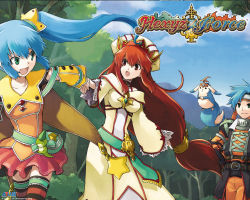  2boys 2girls age_difference animal armor atlus bag bandana belt belt_buckle blue_hair blue_sky breasts brother_and_sister buckle cecilia_armaclite closed_mouth cloud collarbone copyright_name detached_sleeves dragging dress facing_another floating floating_hair flying forest gem grabbing green_eyes hair_ornament hair_tie hand_grab hand_up happy hat headband headwear_request hexyz_force holding holding_another&#039;s_wrist holding_hands hovering jacket jewelry laughing leaf leaves long_hair long_sleeves looking_at_another looking_back looking_to_the_side low-tied_long_hair luffina_gemini matching_hair/eyes medium_breasts mountain multiple_boys multiple_girls nature official_art official_wallpaper open_mouth orange_pants orange_shirt outdoors pants pauldrons pleated_skirt pouch rafael_gemini ralu_(hexyz_force) red_eyes red_hair running shirt short_hair shoulder_armor siblings skirt sky small_breasts smile spiked_hair star_(symbol) thighhighs tiara tobe_sunaho tongue tree twins twintails very_long_hair walking wallpaper  rating:Sensitive score:2 user:HimawariMirai