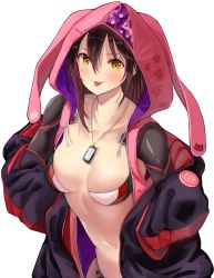 1girl :p android animal_hood aonaga_heri black_jacket blush breasts brown_hair cleavage collarbone commentary dog_tags drawstring eyebrows_hidden_by_hair from_above gradient_hair hair_between_eyes hands_in_pockets highres hololive hood hood_up hooded_vest hoodie jacket long_sleeves looking_at_viewer mechanical_arms mechanical_legs multicolored_hair navel off-shoulder_jacket off_shoulder open_clothes open_jacket open_vest paw_print pink_vest rabbit_hood roboco-san short_hair sidelocks simple_background smile solo standing tongue tongue_out vest virtual_youtuber white_background yellow_eyes rating:Sensitive score:35 user:danbooru