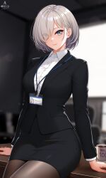  1girl black_jacket black_pantyhose black_skirt breasts closed_mouth collared_shirt commentary_request cup grey_eyes grey_hair highres id_card indoors infinote jacket large_breasts long_sleeves looking_at_viewer office_lady original paid_reward_available pantyhose sashou_mihiro shirt short_hair skirt smile solo steam white_shirt 