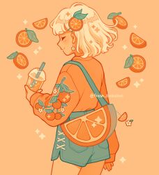  1girl bag bag_charm charm_(object) closed_eyes cup disposable_cup drink drinking_straw earrings emily_kim flower_earrings food food-themed_clothes food-themed_hair_ornament food_print fruit fruit_hair_ornament fruit_print green_shorts hair_ornament handbag highres holding holding_cup holding_drink jewelry orange_(fruit) orange_background orange_blossoms orange_hair_ornament orange_print orange_shirt orange_slice orange_theme original shirt shorts simple_background twitter_username white_hair  rating:General score:3 user:danbooru